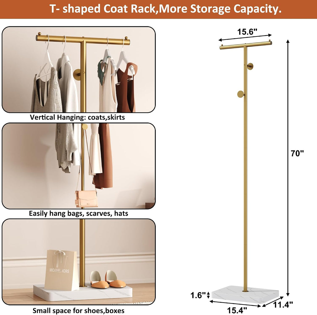 HOMEFORT Coat Rack, Freestanding Metal Coat Racks, T-Shape Clothes Hat Stand with 2 Hooks for Closet, Bedroom, Entryway, Living Room, Gold