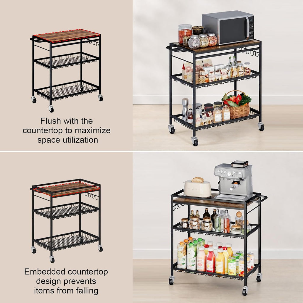 3 Tier Heavy Duty Rolling Kitchen Cart with Handle & Locking Wheels – Metal Utility Storage Cart for Kitchen, Laundry Room, Garage & Office – Supports Over 150 lbs Mobile Organizer Shelf