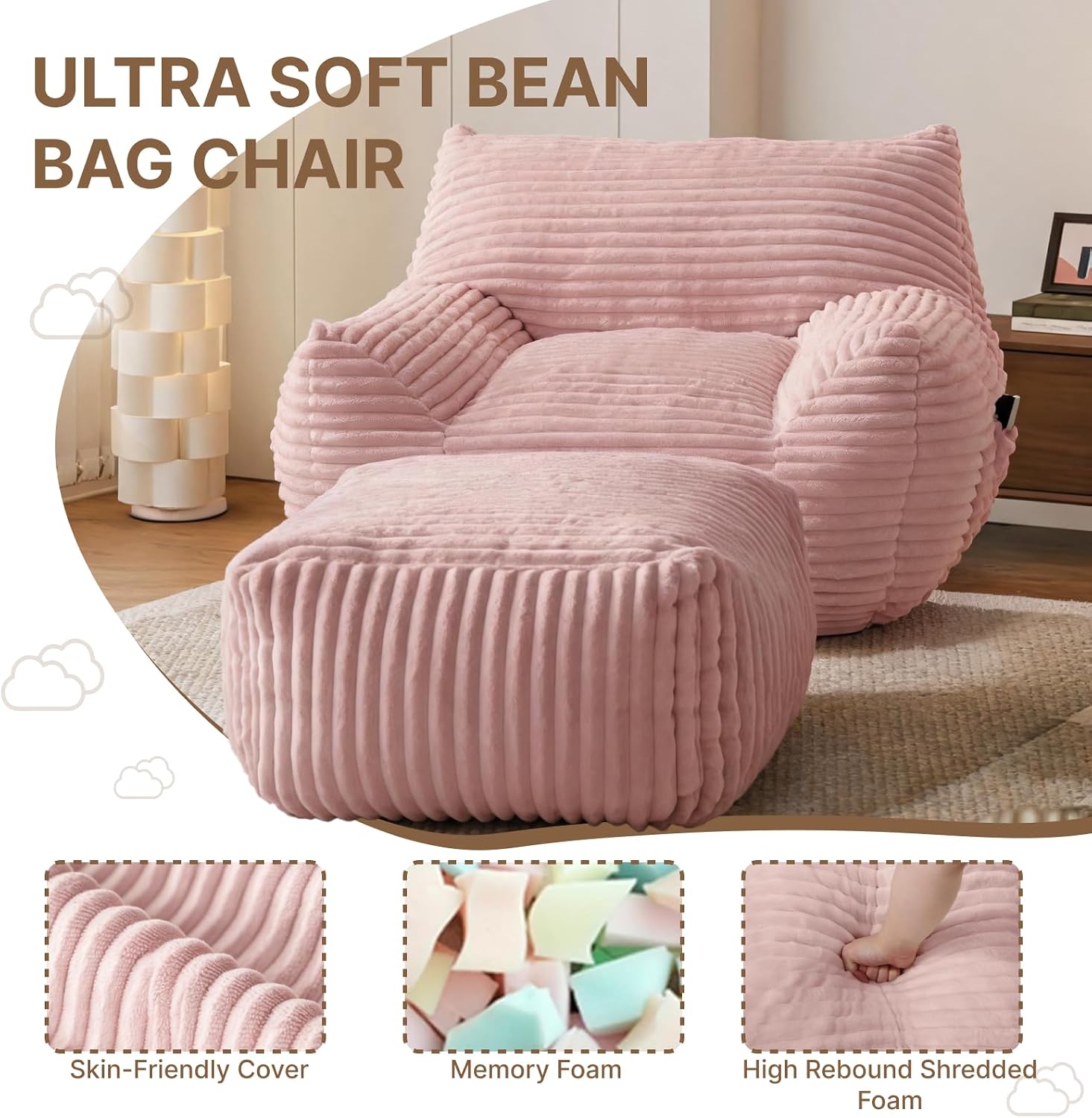 Oversized Bean Bag Chair with Ottoman, Bean Bag Couch with 2 Side Pockets, Corduroy Boneless Couch Chair in a Box, Comfy Lounge Chair for Living Room, Bedroom, Dorm, Pink