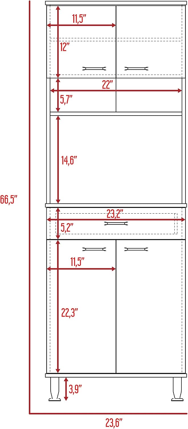 23.6" D*13.9" W*66.5" H Kitchen Pantry with 19.9" Drawer, 3 Shelves & 2 Double Doors, Sliver Door Handles, Farmhouse Rectangular Storage Cabinet, for Living Room, Dining Room, White