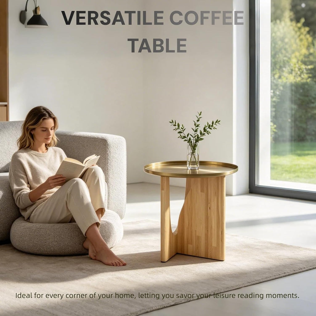 Gold End Tables Set of 3, Round Side Tables, Sofa Table with Wood Legs and Raised Edge Metal Top for Living Room, Bedroom, Bedside, Small Spaces, Easy Assembly, Natural
