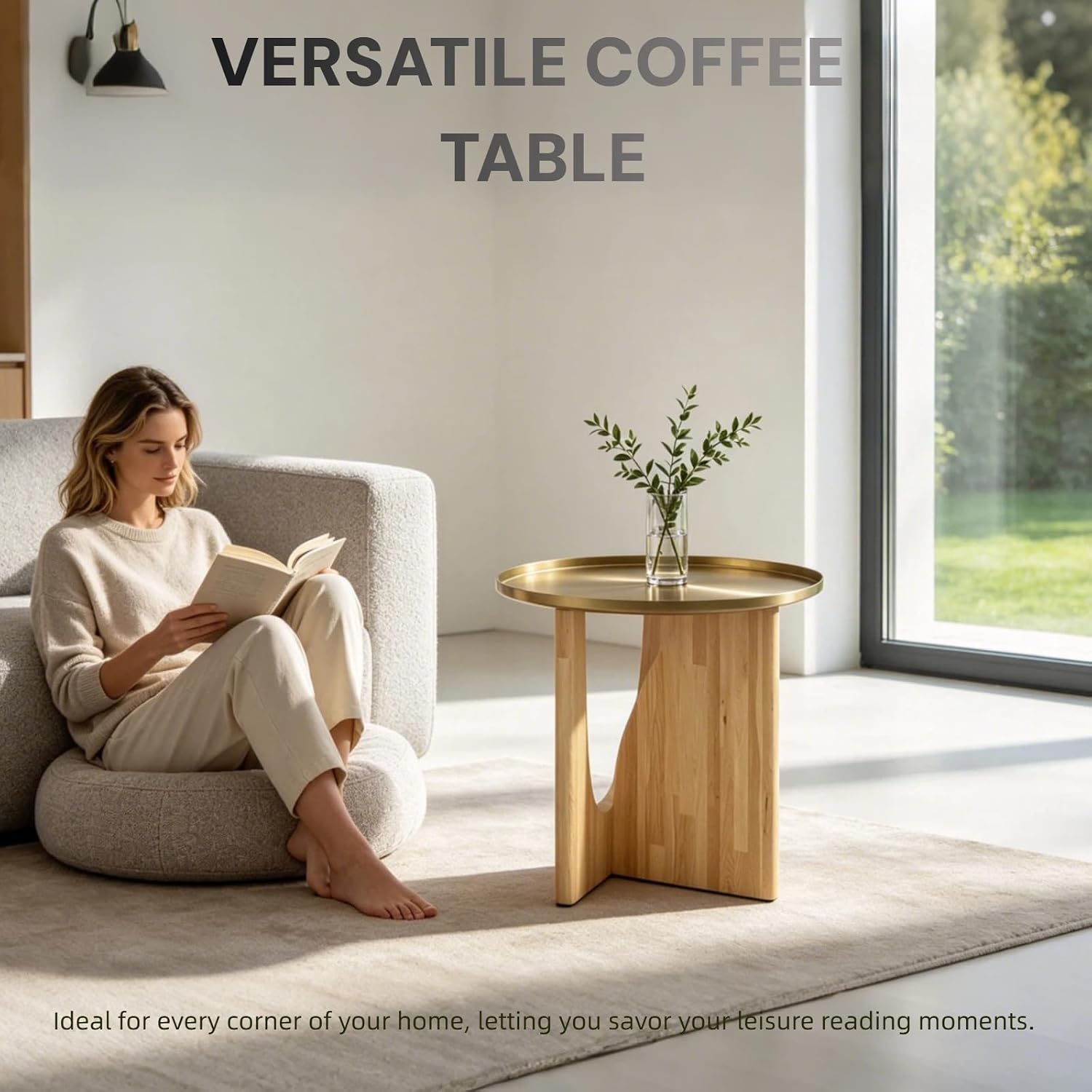 Gold End Tables Set of 3, Round Side Tables, Sofa Table with Wood Legs and Raised Edge Metal Top for Living Room, Bedroom, Bedside, Small Spaces, Easy Assembly, Natural