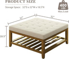 Befurtori Large Square Ottoman Coffee Table, Linen Solid Upholstered Footrest Ottoman with Solid Wood Shelf Storage Tufted Coffee Table for Bedroom Living Room, Ivory