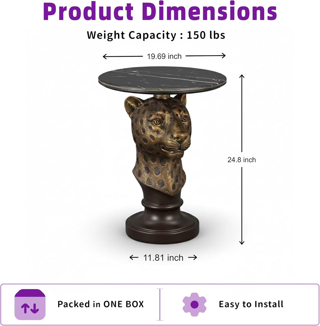 Leopard Head Accent Table with Faux Marble Top & Lifelike Texture, Animal Statue End Table with Easy Assembly for Living Room Hallway Decor