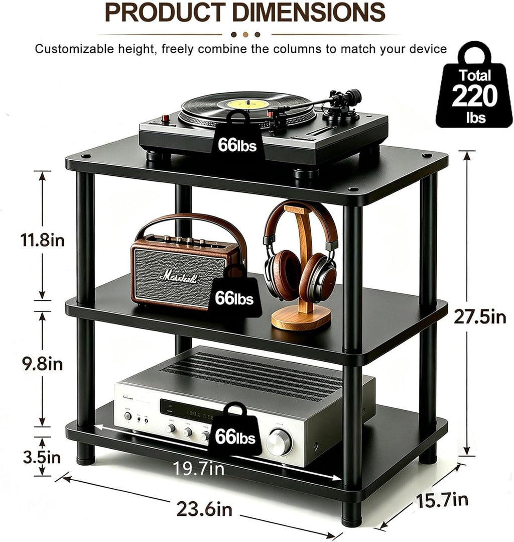 Heavy Duty Audio Component Rack, 4-Tier Height Adjustable AV Equipment Media Stand, Stereo CD Record Player Stand, with Shock-Absorbing Feet & Lockable Wheels | 220lbs Capacity(Black,3 tier)