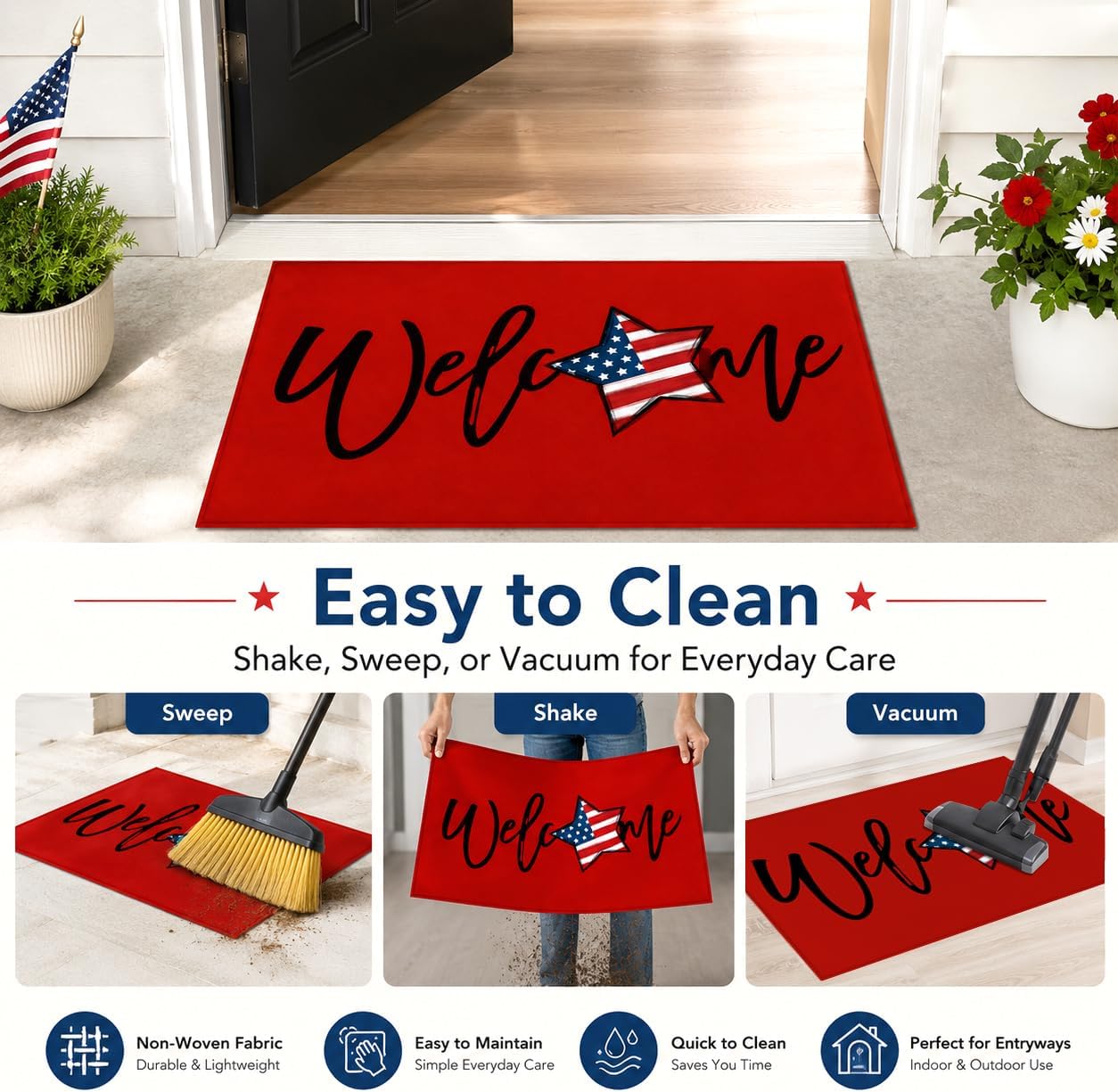 Patriotic 4th of July Doormat Red American Flag Stars,Independence Day Home Decor Memorial Day Doormat Anti-Slip Rubbe for Indoor Outdoor Decorations 17x29 Inch