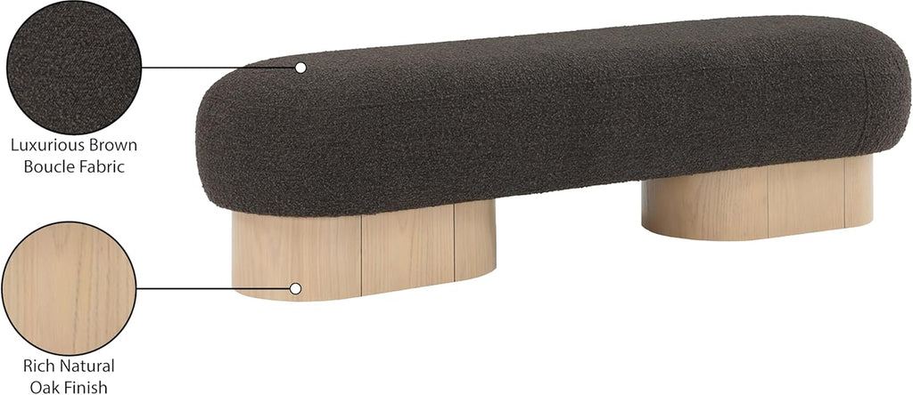 Meridian Furniture 22001Brown Robertson Collection Art Deco Bench with Luxurious Brown Boucle Fabric and Rich Natural Oak Finish, 60.5" W x 18" D x 16" H, Brown