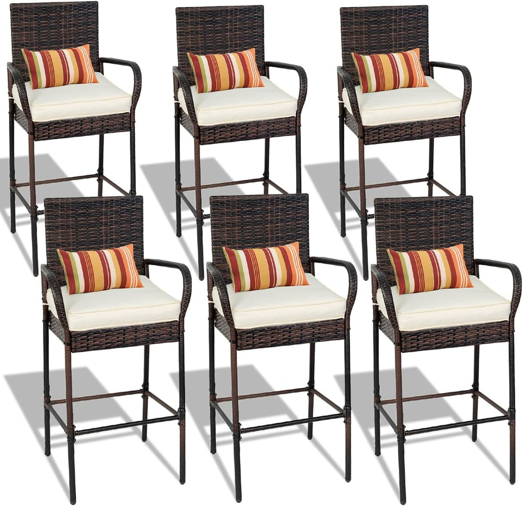 Sundale Outdoor Wicker Bar Stool Set of 6, Patio Counter Height Pub Chair with Arms, High Top Rattan Barstool, Cushion Beige, All-Weather Outdoor Rattan Furniture (Brown&Beige, Small Seat - 6 Stools)