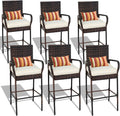 Sundale Outdoor Wicker Bar Stool Set of 6, Patio Counter Height Pub Chair with Arms, High Top Rattan Barstool, Cushion Beige, All-Weather Outdoor Rattan Furniture (Brown&Beige, Small Seat - 6 Stools)