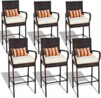 Sundale Outdoor Wicker Bar Stool Set of 6, Patio Counter Height Pub Chair with Arms, High Top Rattan Barstool, Cushion Beige, All-Weather Outdoor Rattan Furniture (Brown&Beige, Small Seat - 6 Stools)