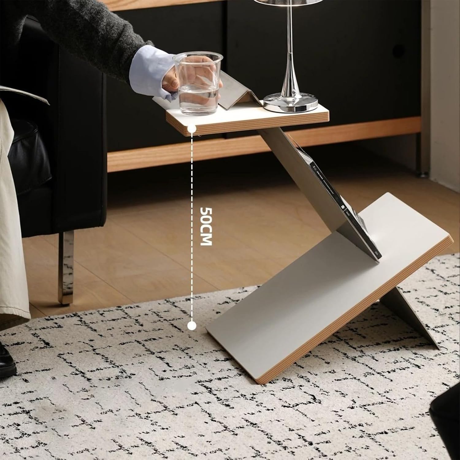 Modern Bauhaus Style Side Table, 201 Stainless Steel, Z-Shape Magazine Rack with Wood Shelves, Minimalist Sofa End Table for Couch Dinner Coffee Drink Table TV Snack Tray, 19.5 x 15.7 x 11.8 Inches