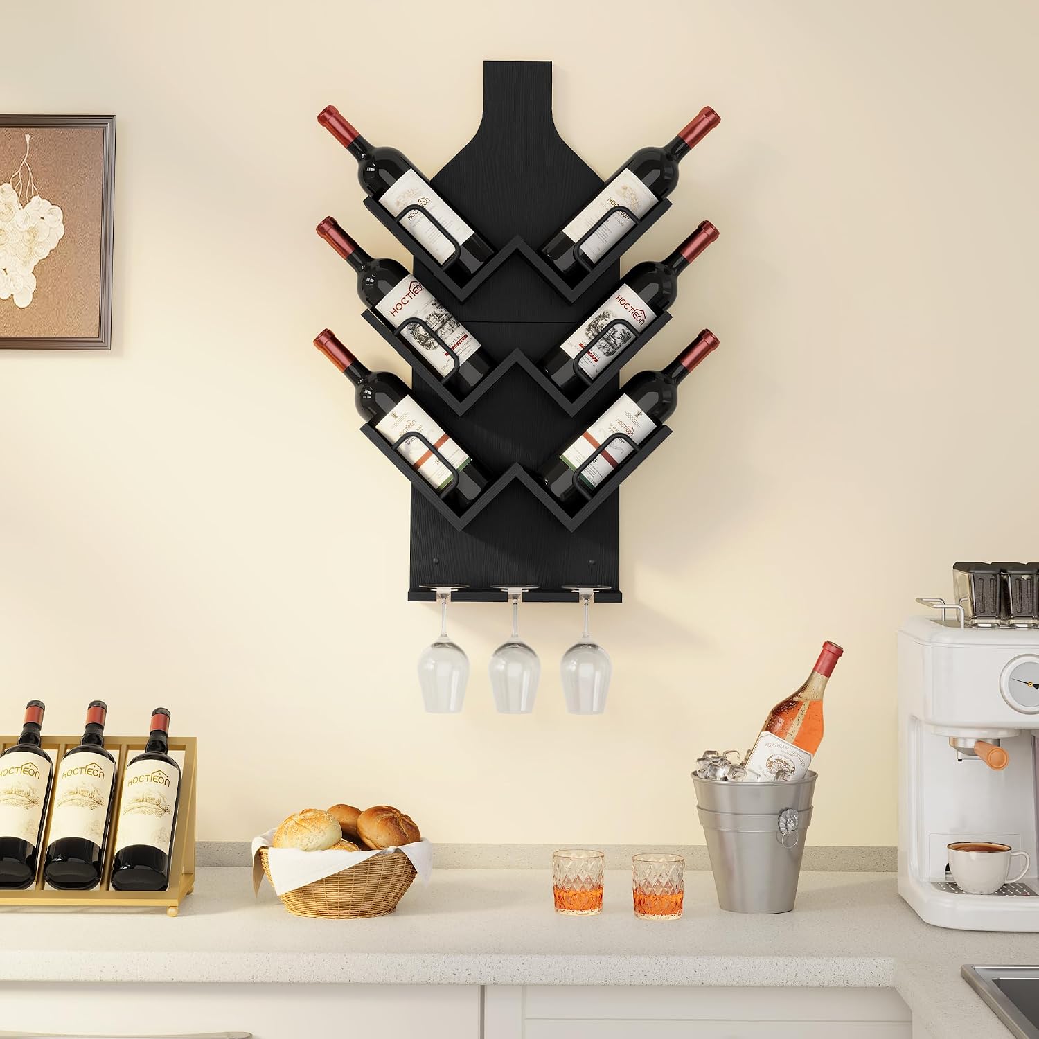 Hoctieon Wine Rack Wall Mounted, 6 Bottles Wood Wine Rack for Display and Storage, Hanging Bottle Holder Bar Shelves for Living Room, Kitchen, Dining Room, Wine Cellar, Black