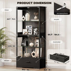 BROTTAR Display Cabinet with Glass Doors, 4-Tier Curio Cabinet with Drawer for Collectibles, Display Case with 3-Color Lights & Human Body Sensor, Storage Cabinets with Adjustable Glass Shelves, Black