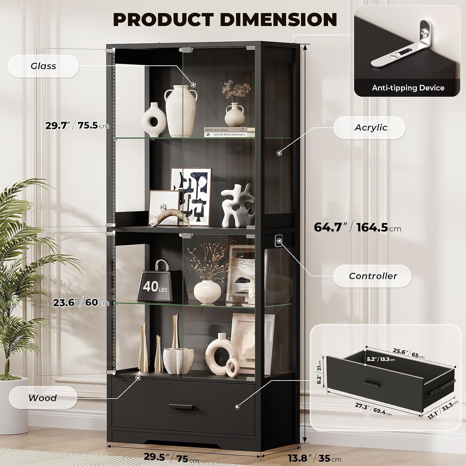 BROTTAR Display Cabinet with Glass Doors, 4-Tier Curio Cabinet with Drawer for Collectibles, Display Case with 3-Color Lights & Human Body Sensor, Storage Cabinets with Adjustable Glass Shelves, Black