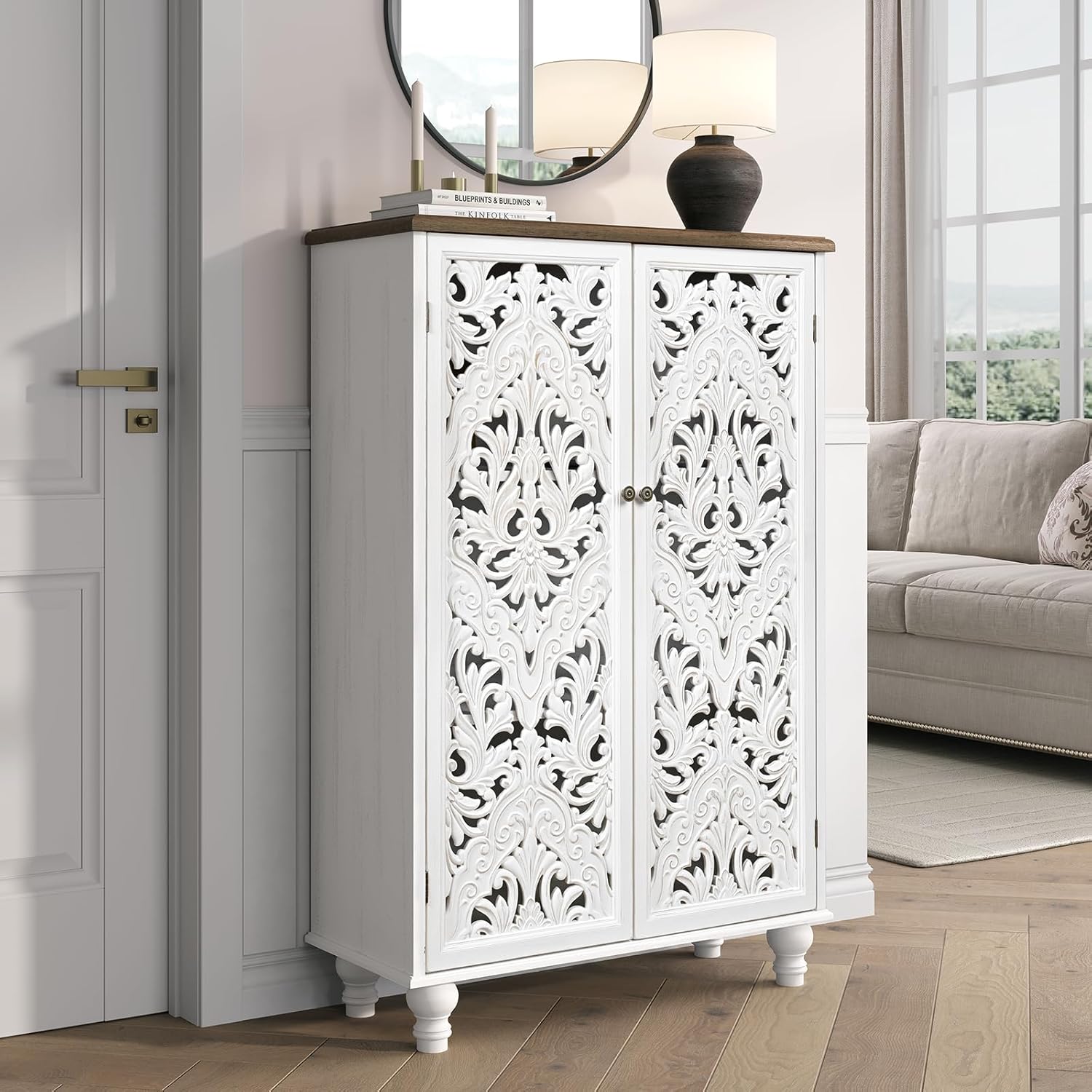 Accent Cabinet with Doors, 47" Tall Buffet Cabinet with Solid Wood Legs, Freestanding Sideboard for Living Room, Entryway, Dining Room, Bedroom, White
