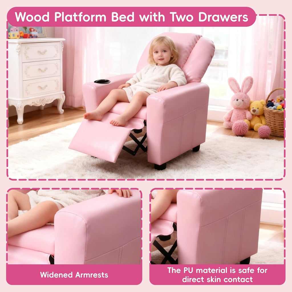 Toddler Recliner Chair for Kids Ages 1-4 – PU Leather Upholstered Kids Sofa with Cup Holder, Adjustable Backrest & Footrest, Comfortable Single Armchair for Boys & Girls Bedroom Living Room (Pink)