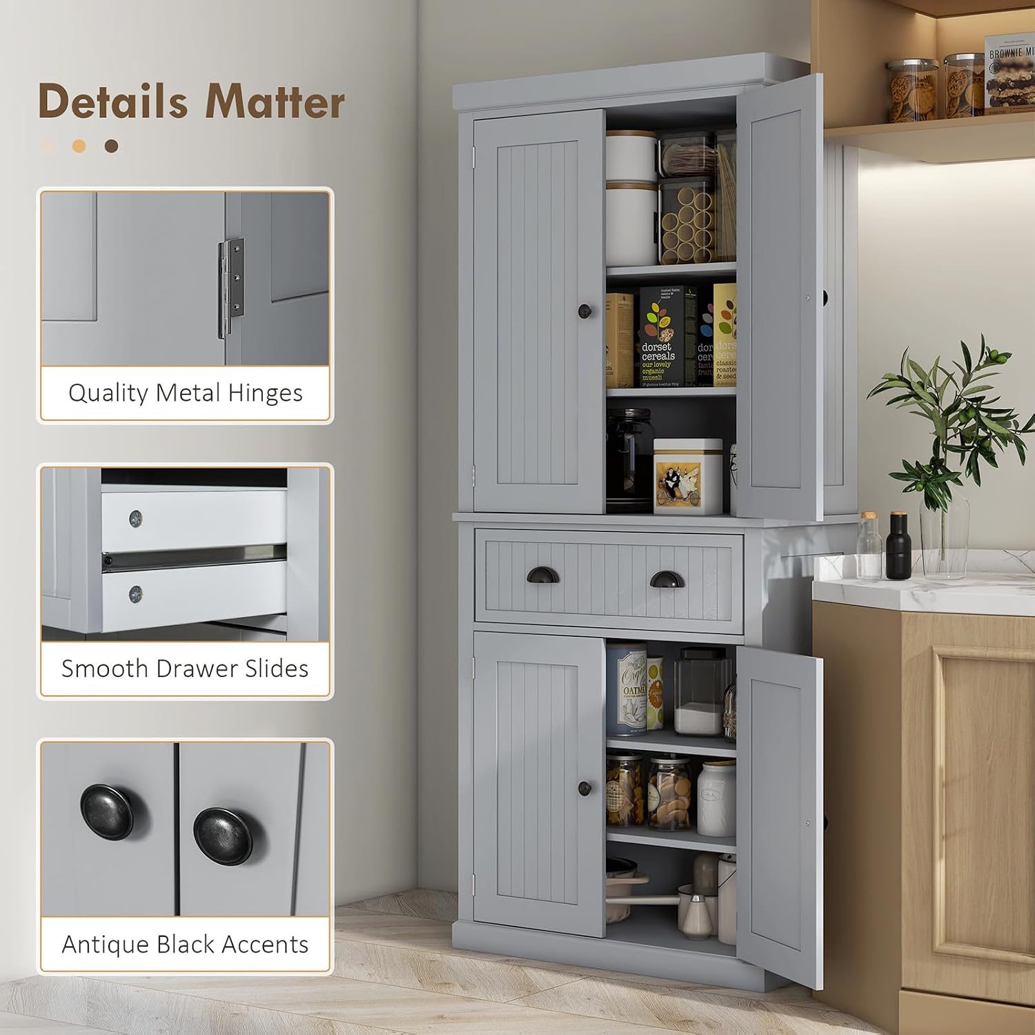 Pantry Storage Cabinet, 72" Traditional Freestanding Cabinet with 4 Doors and 3 Adjustable Shelves, Kitchen Large Central Drawer