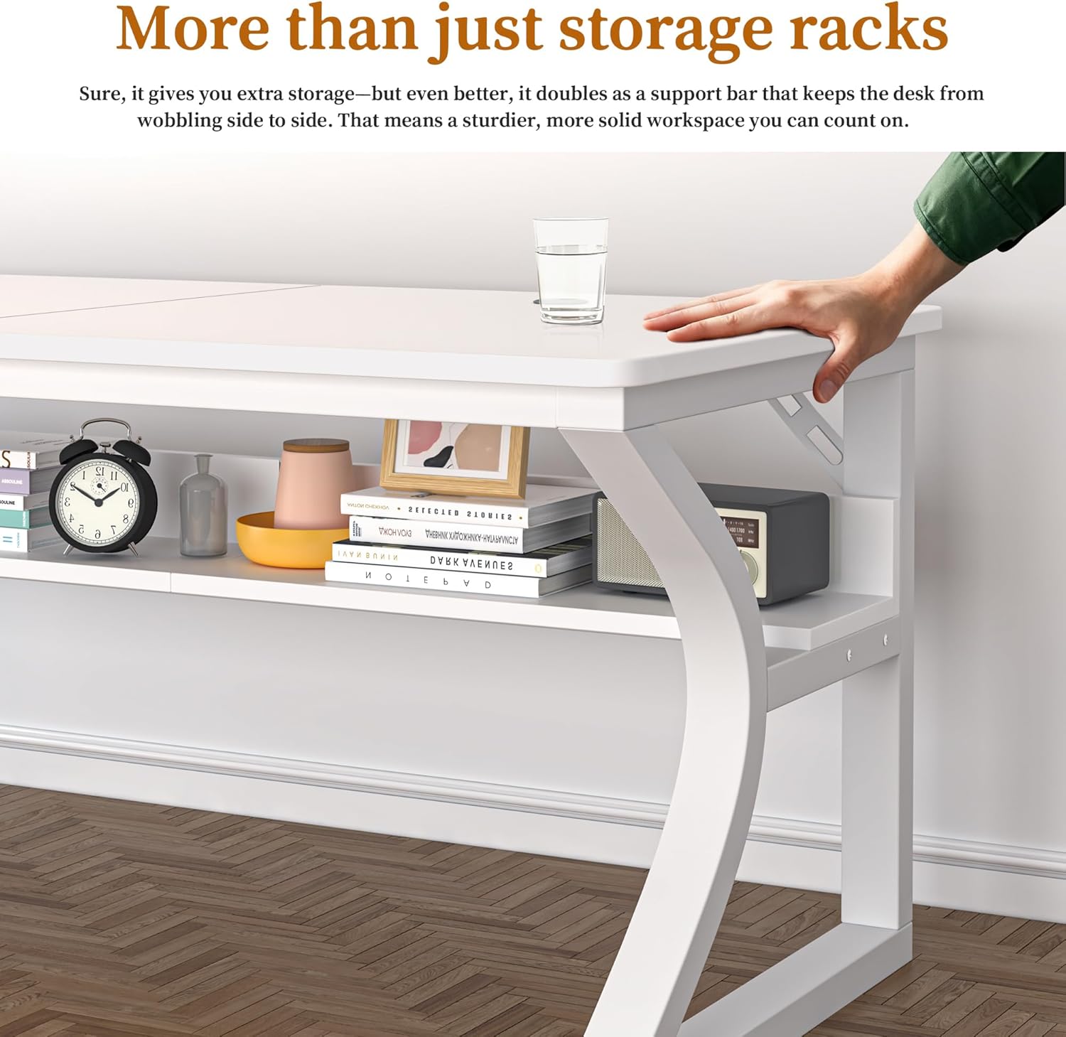 47 inch Computer Desk, Home Office Desk with Storage Shelf, Sturdy U-Shaped Metal Frame Study Table with Cable Management, Gaming Desk for Office & Bedroom, White
