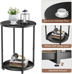 Small Round Side Table, 2 Tiers End Table, Nightstand with Metal Storage Shelf for Small Spaces, Living Room, Bedroom, Black