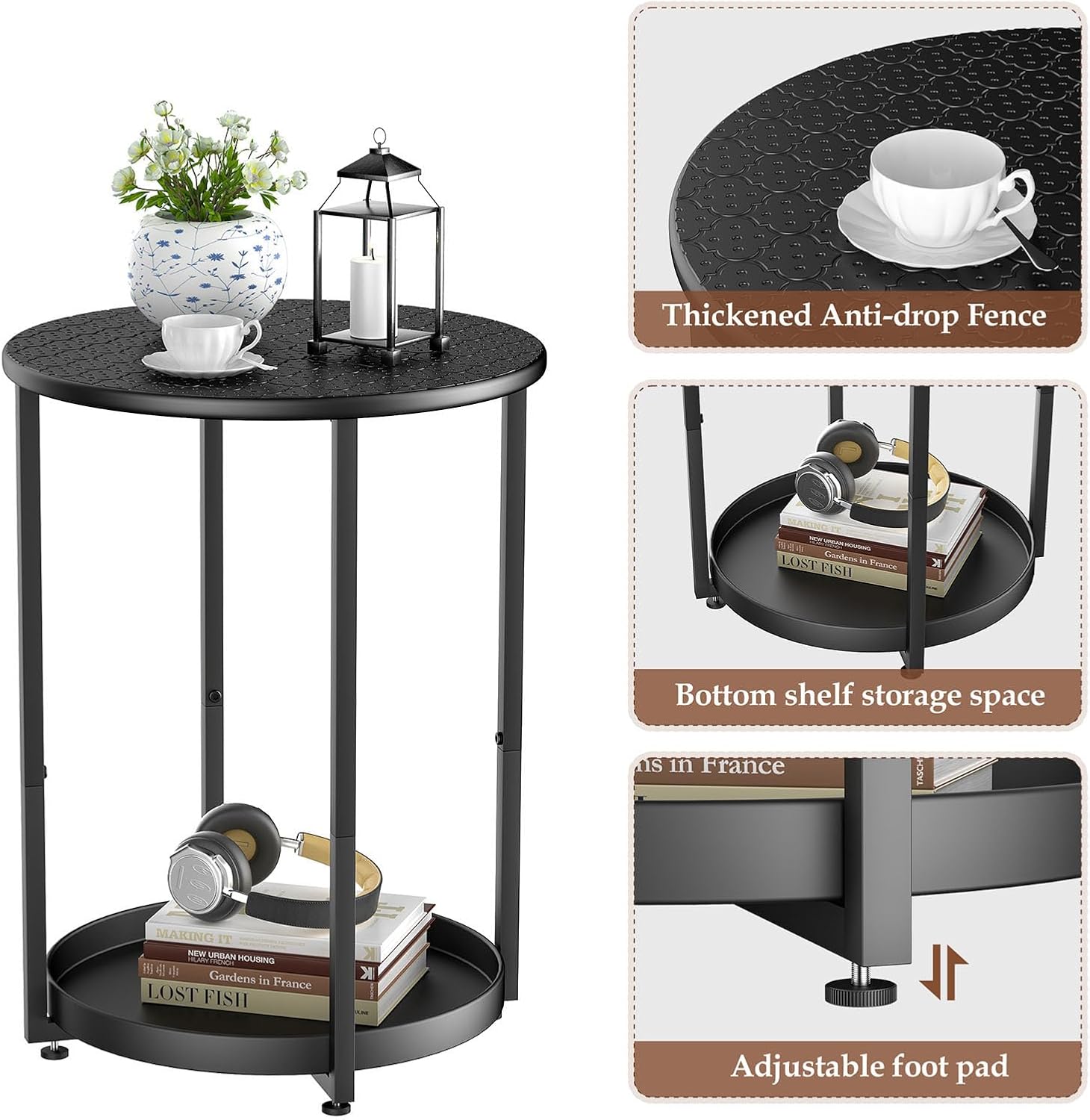 Small Round Side Table, 2 Tiers End Table, Nightstand with Metal Storage Shelf for Small Spaces, Living Room, Bedroom, Black