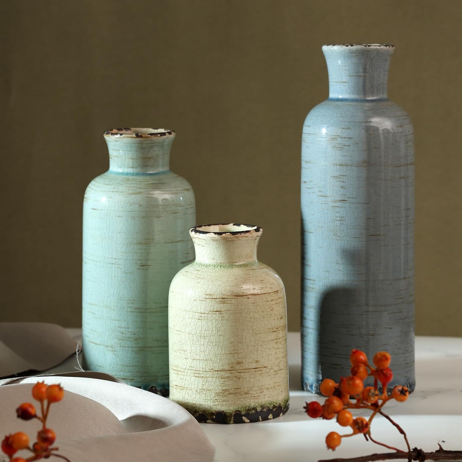 Ceramic Vase Set of 3, Vintage Glaze, Available in Three Simple Colors and Sizes, Elegant Home Decor for Living Room, Bedroom, Office, and Table Centerpieces (Multi-Gray-Blue)