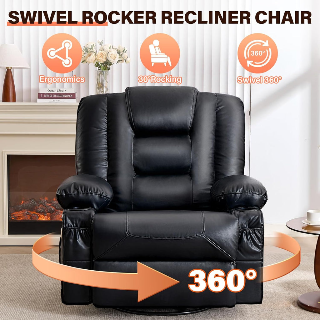 MAHOMICO Swivel Rocker Recliner Chair with Vibration Massage and Heat for Living Room,with Rocking Function and Side Pocket, PU Leather USB Charge Port,2 Cup Holders