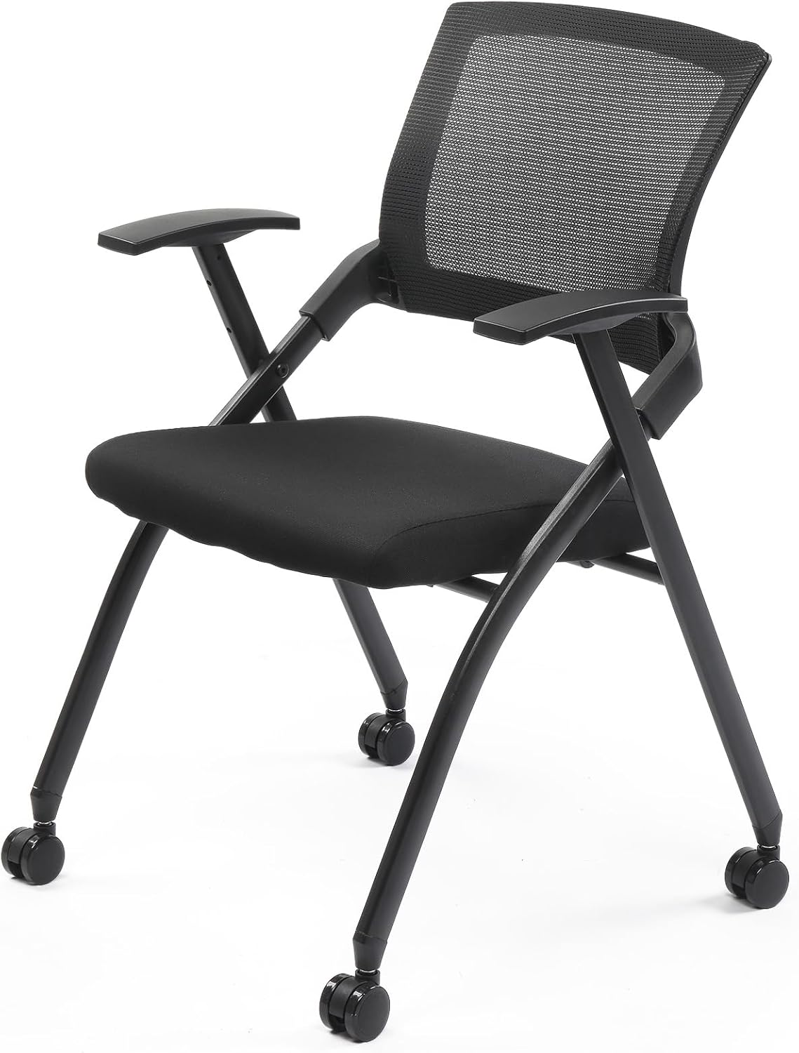 Stackable Conference Room Chair with Wheels, Folding Office Chair with Rebound Back & Padded Seat, 350 lb Capacity, Black – Ideal for Training, Guest, Reception & Event Seating