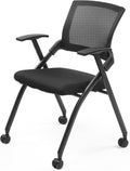 Stackable Folding Conference Chair with Wheels, Rebound Back & Padded Seat, 350 lbs Capacity, Black Office Guest Chair for Training Rooms, Reception, Events – 1 Pack