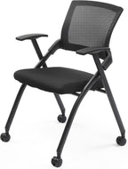 Stackable Folding Conference Chair with Wheels, Rebound Back & Padded Seat, 350 lbs Capacity, Black Office Guest Chair for Training Rooms, Reception, Events – 1 Pack