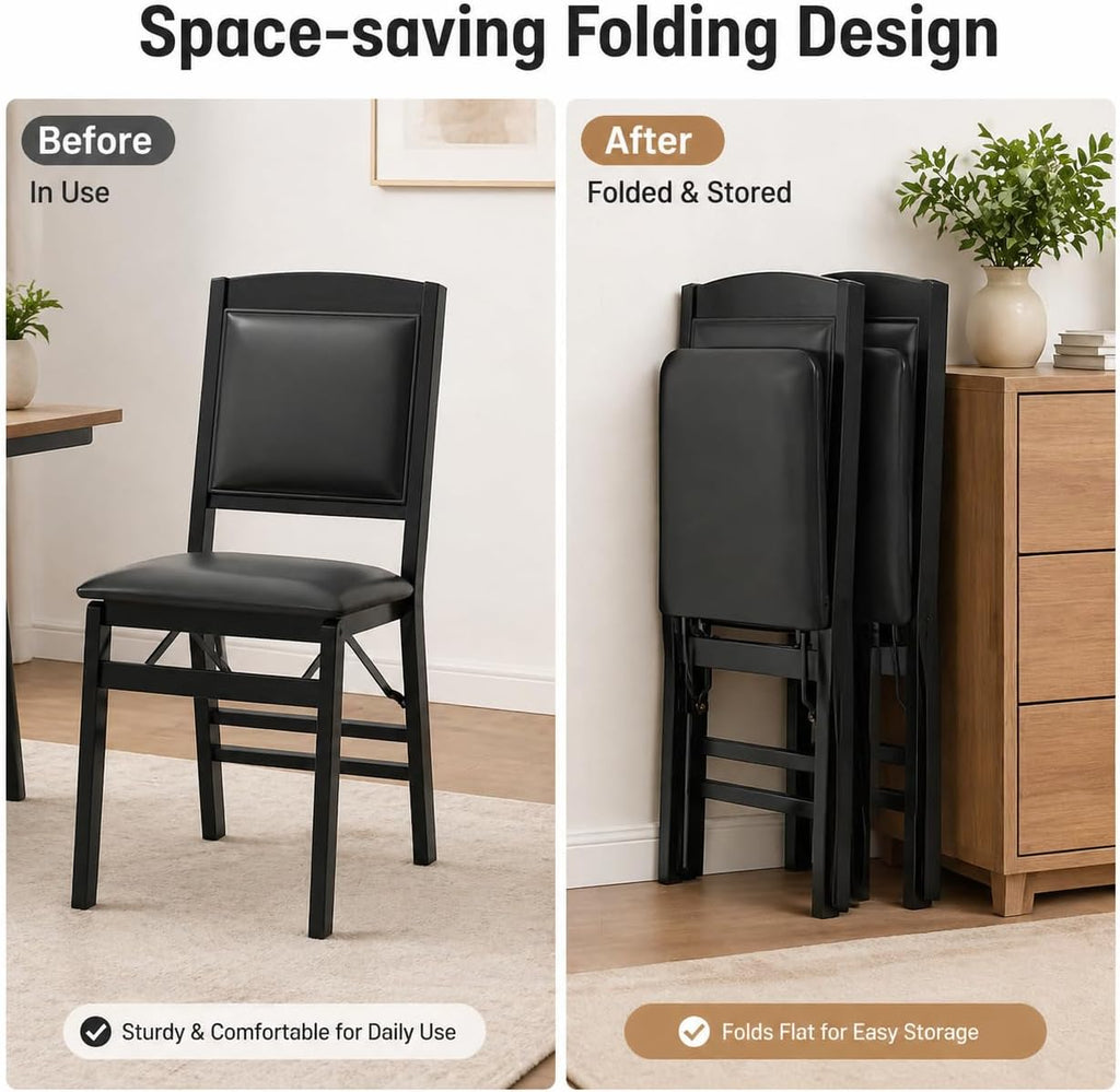 POWERSTONE Folding Chairs Set of 4 with Padded Seat, Foldable Kitchen Dining Chair with Solid Wood Frame, No Assembly Space Saving Design for Home Living Room Small Space (4, Black)