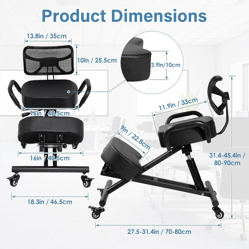 Ergonomic Kneeling Chair, Height Adjustable Stool for Home and Office, PU Kneeling Chair for Desk to Relieve Back Discomfort, Thick Moulded Foam Cushions Brake Casters(with backrest)