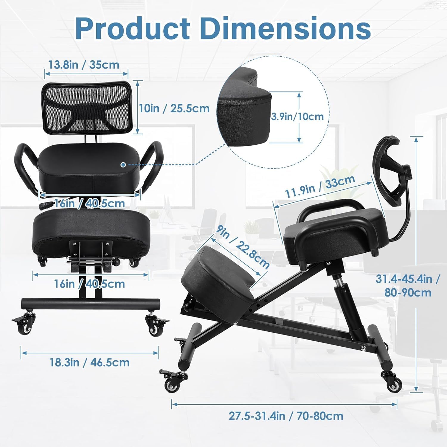 Ergonomic Kneeling Chair with Back Support, Height Adjustable Stool for Home and Office, PU Kneeling Chair for Desk to Relieve Back Discomfort, Thick Moulded Foam Cushions Brake Casters(With backrest)