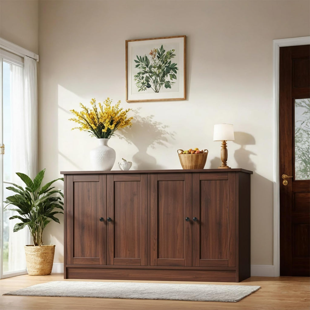 holzart Rustic Brown Buffet Cabinet with Storage, 49" Farmhouse Kitchen Sideboard with 4 Doors, Industrial Coffee Bar Cabinet & Console Table for Dining Room, Living Room