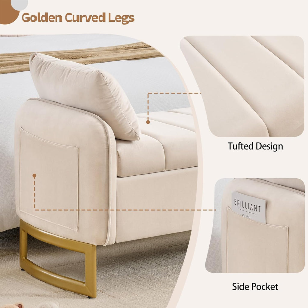 66" Storage Bench for Bedroom End of Bed, King Size Bed Bench with Golden Legs,Storage Ottoman Bench with Arms and 2 Pillows for Foot of Bed Living Room Window Entryway, Beige