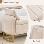 66" Storage Bench for Bedroom End of Bed, King Size Bed Bench with Golden Legs,Storage Ottoman Bench with Arms and 2 Pillows for Foot of Bed Living Room Window Entryway, Beige