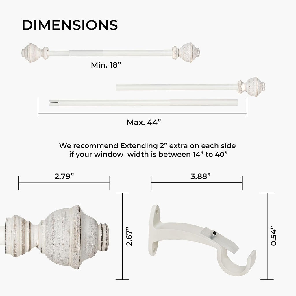 Deco Window Adjustable Curtain Rod for Windows 18 to 44 Inch Extendable Heavy Duty 3/4 Inch Iron Drapery Pole with Cambria Finials Wall Mounted French Door Farmhouse Curtain Rods (Pack of 2, White)
