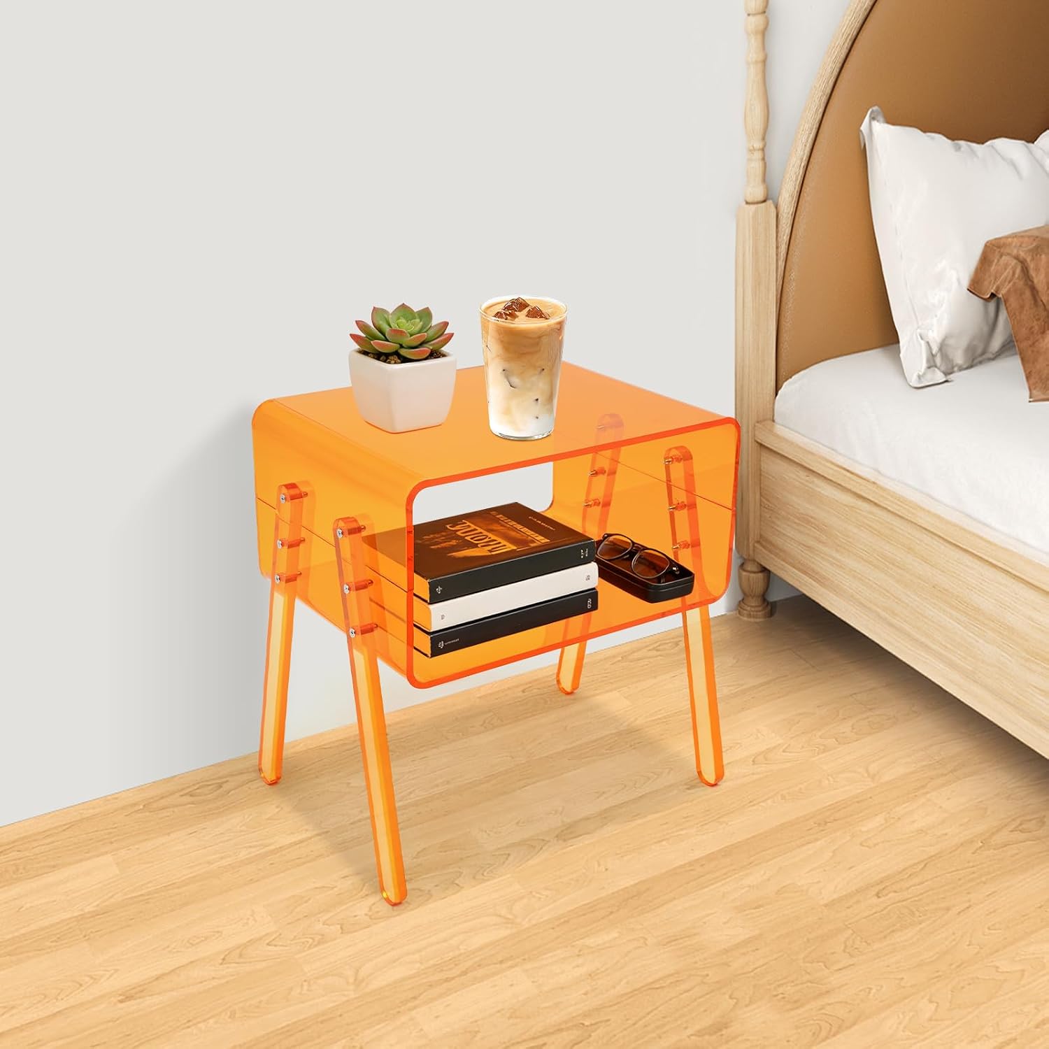 Acrylic Side Table, 2-Tier End Table with Open Storage, Modern Nightstand for Small Spaces, Easy-Clean Bedside Table for Living Room Bedroom Office (Orange)