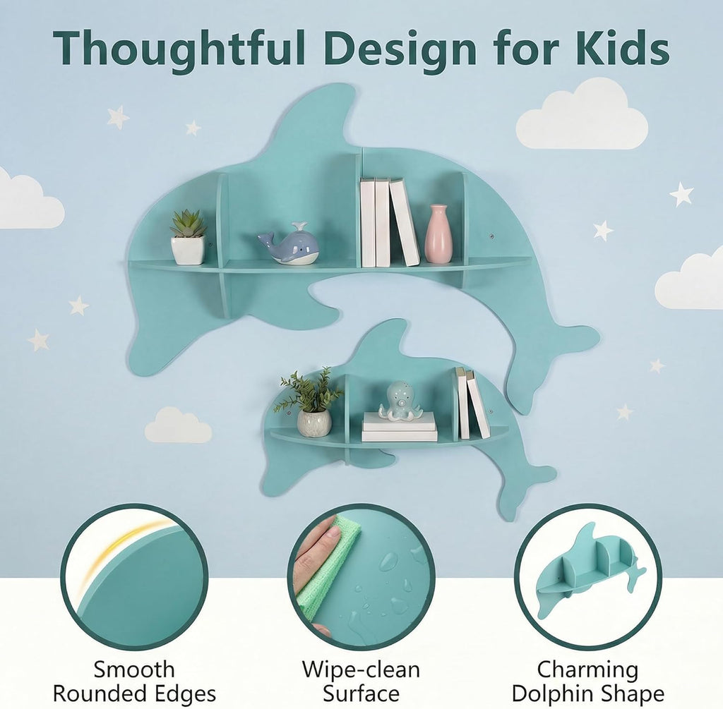 HONEY JOY Wall Mounted Kids Book Shelves Set of 2, Dolphin-Shaped Floating Book Shelves w/Compartments, Space-Saving Cute Bookcases, Wooden Display Storage Rack for Bedroom Nursery Kindergarten