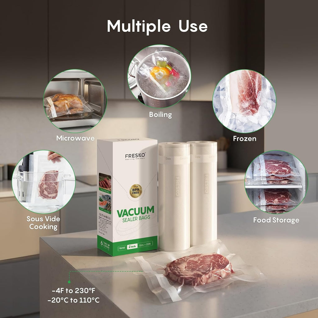 FRESKO Vacuum Sealer Bags Rolls with Write-On Labels, 11" x 20' 2 Pack Bags, BPA Free, Heavy Duty, Customized Size for Food Storage and Sous Vide