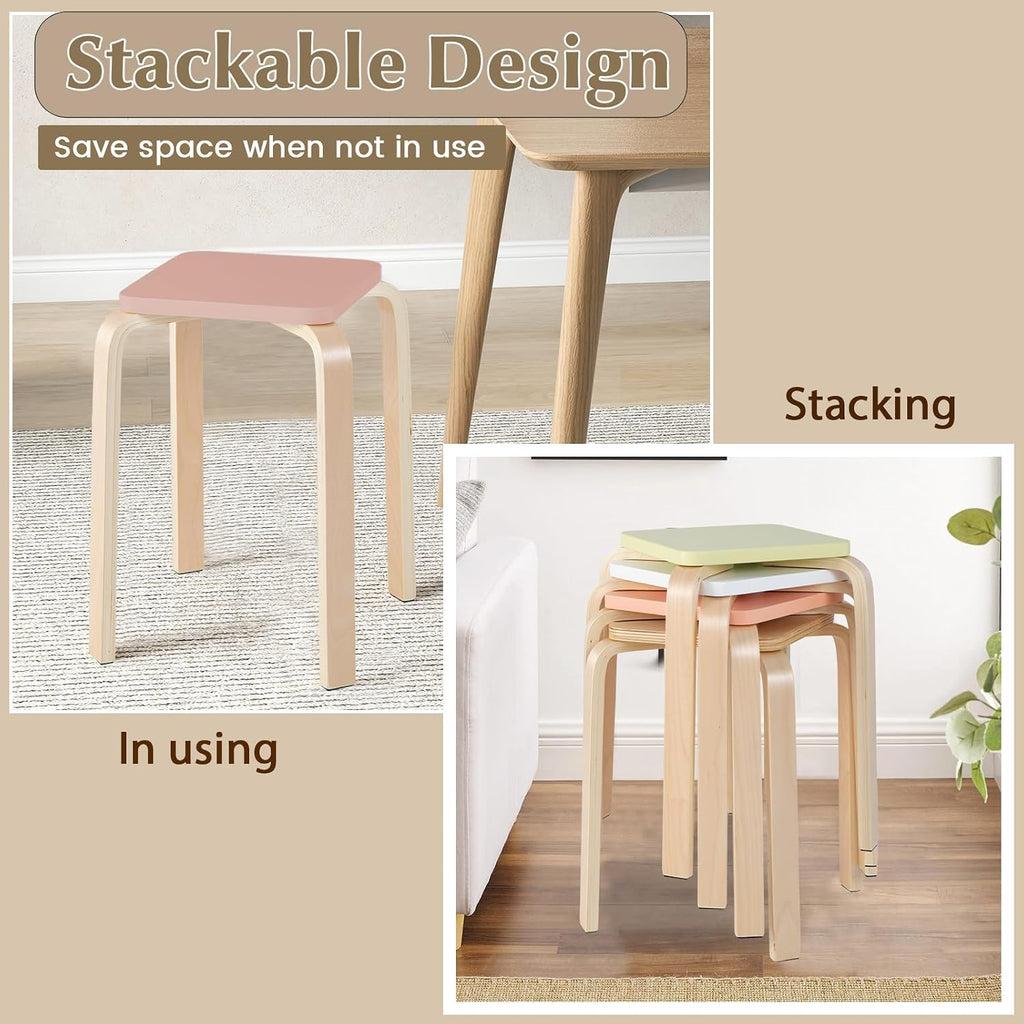 POWERSTONE Wooden Stackable Stools Set of 4, 18" Square Backless Student Chairs w/Non-Slip Pads, Lightweight Stacking Stools for Kitchen, Classroom, Dining Room 330lb Capacity