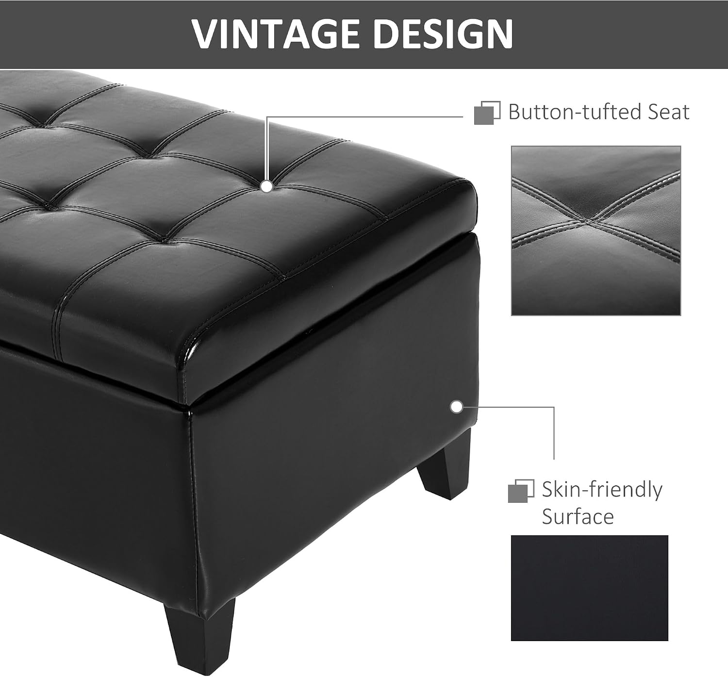 51inches Rectangular Tufted Faux Leather Storage Ottoman Black Durable Premium Comfortable Luxury Stylish Elegant Contemporary