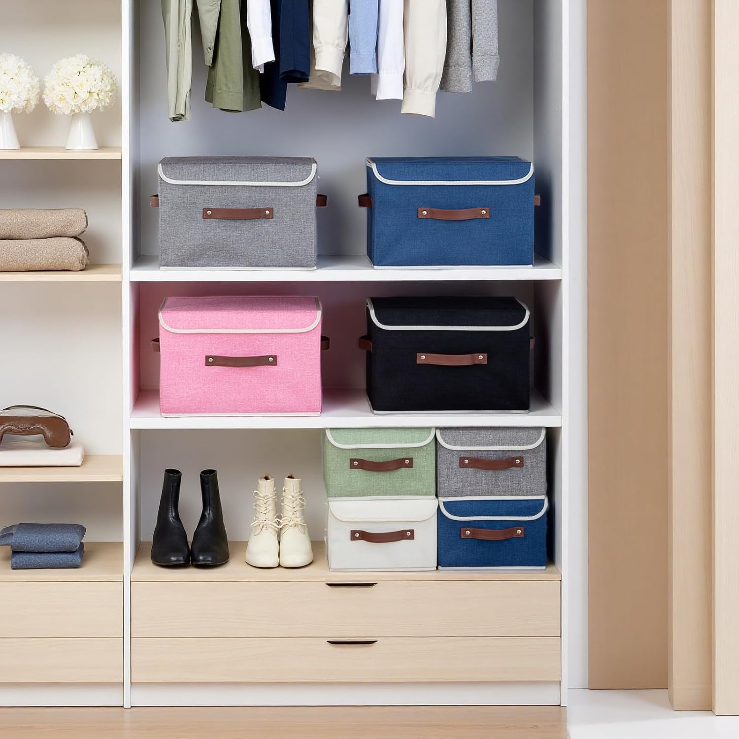 Collapsible Storage Boxes Baskets with Lid Cotton Linen Fabric Storage Bins with Faux Leather Handles Decorative Washable Cube Organizer Container for Home Closet Bedroom (Blue, Small Size)