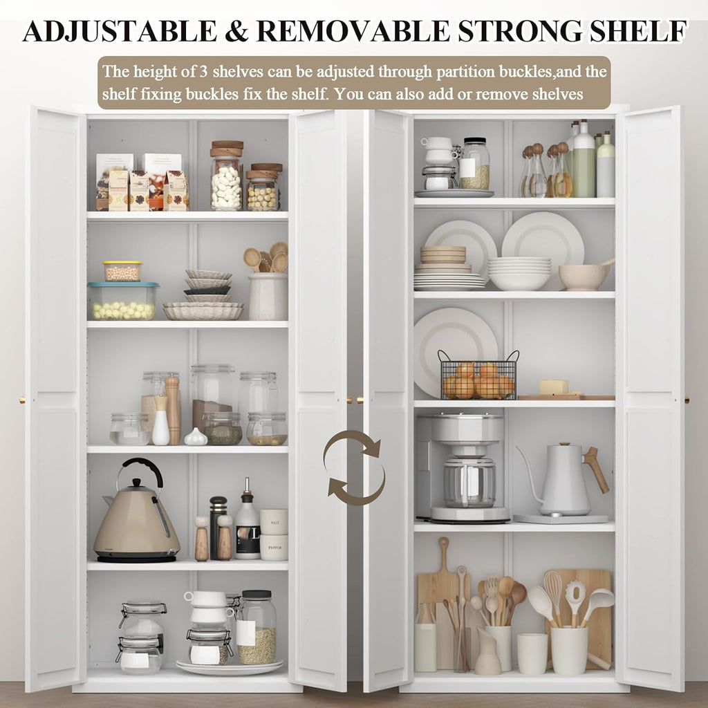 71" Tall Kitchen Pantry Cabinet, Metal Pantry Storage Cabinet with Adjustable Shelves, Freestanding Locker for Kitchen, Dining Room, Living Room, White