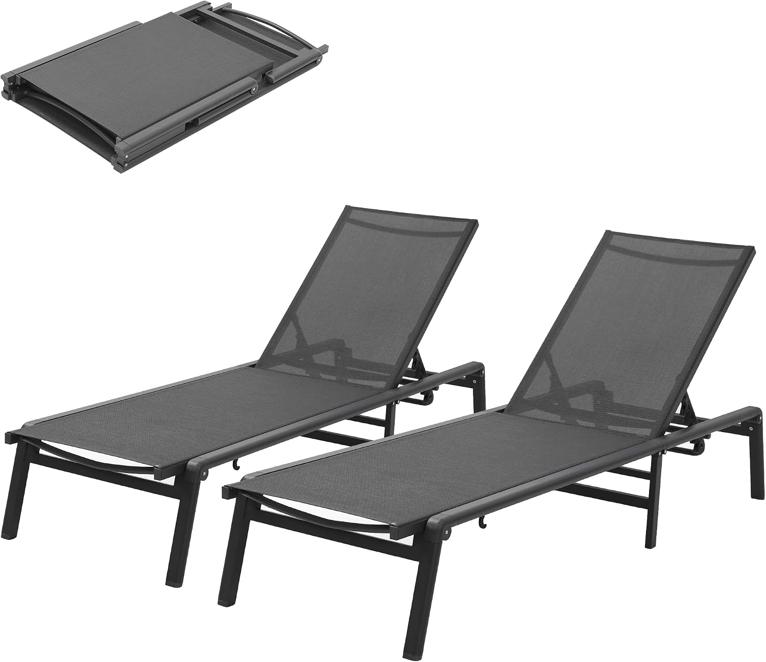 Murago Outdoor Chaise Lounge Chair Set of 2, Foldable Lightweight Patio Lounge Chair with Assembly-Free, 5-Position Adjustable Backrest, Pool Lounge Chairs for Poolside, Beach, Patio, Lawn, Dark Grey