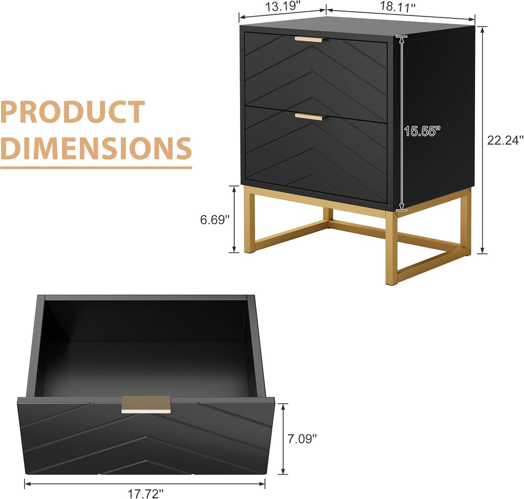 Black Nightstands Set of 2 Modern Night Stand Set 2 with 2 Drawers for Bedroom Bedside Night Tables with Gold Handles Side End Table with Gold Matel Legs