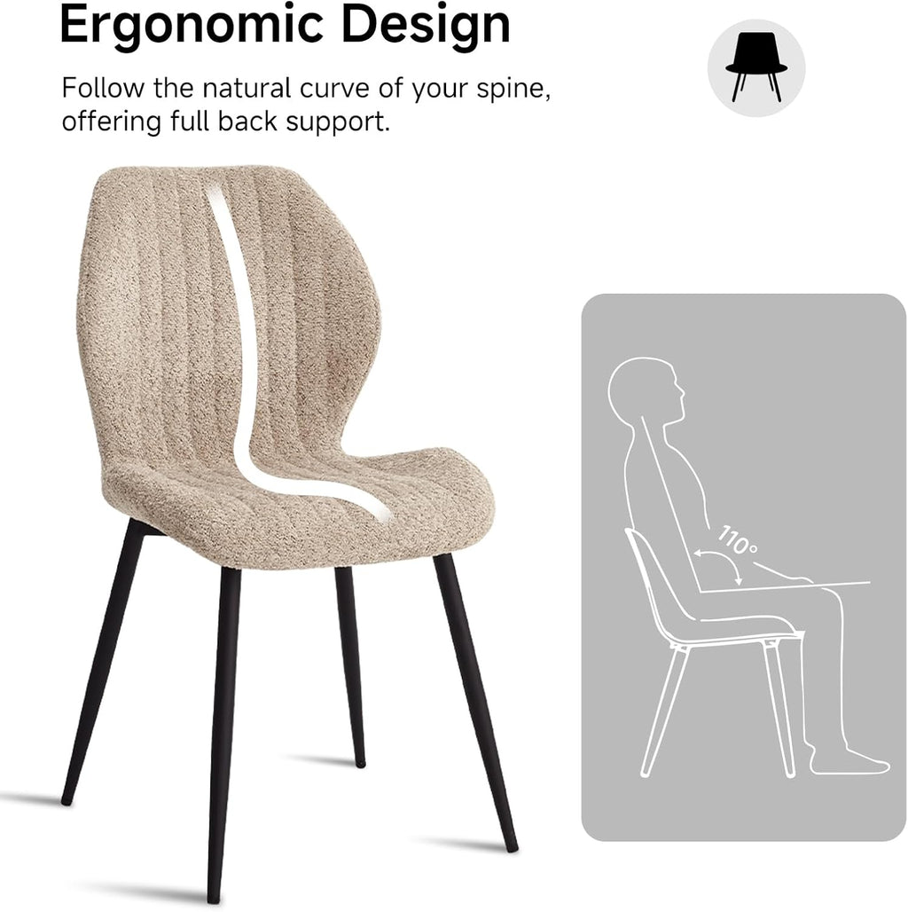 Set of 4 Boucle Dining Chairs – Modern Minimalist Upholstered Kitchen Chairs with Contoured Back and Metal Legs, Brown