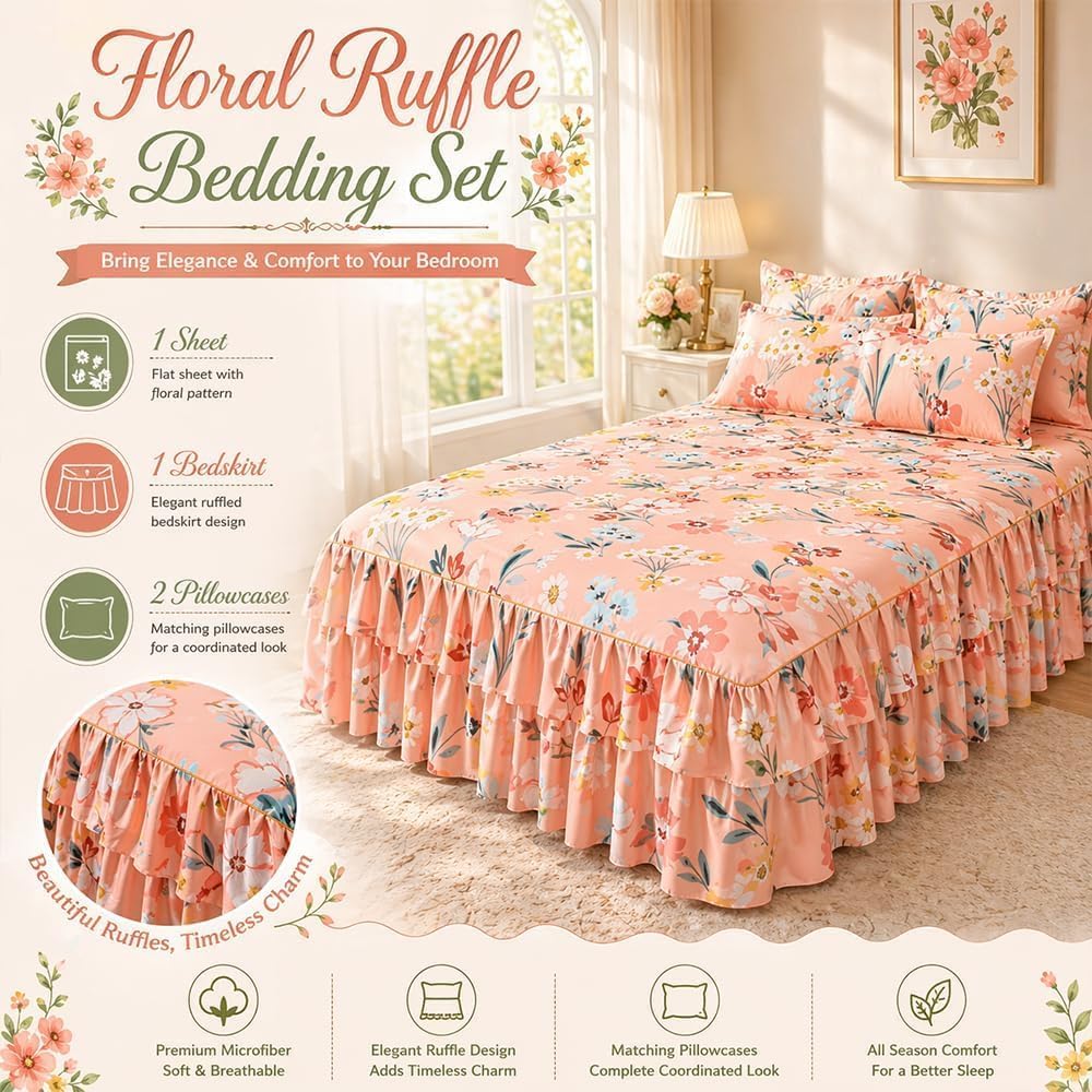 3-Piece Ruffled Bed Skirt Set with Floral Print，Floral Ruffled Bed Skirt 3-Piece Set,Elegant Soft Ruffle Skirt Bedspread with 1 Bed Skirt and 2 Pillowcases for Bedroom (＃4, 78 * 80in)