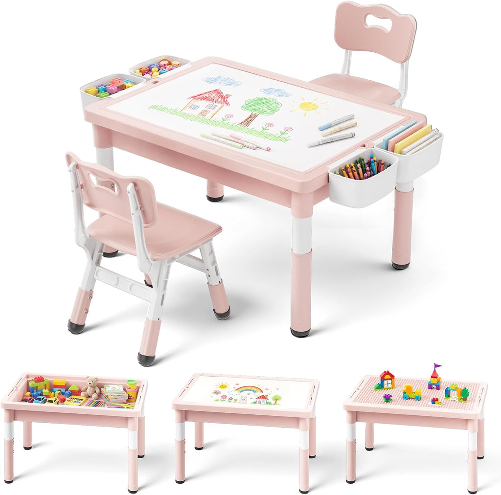 4 in 1 Kids Table and 2 Chairs Set, Reversible Tabletop, Pink | Double-Sided Graffiti/Block Building Tabletop, Adjustable Height, Under-Table Storage, 4 Storage Bins, Toddler Activity Desk