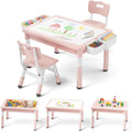 4 in 1 Kids Table and 2 Chairs Set, Reversible Tabletop, Pink | Double-Sided Graffiti/Block Building Tabletop, Adjustable Height, Under-Table Storage, 4 Storage Bins, Toddler Activity Desk