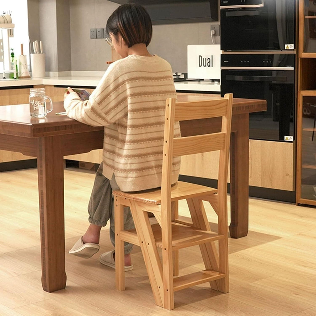 Wooden 3in1 Folding Step Stool Chair with Display Shelf Convertible Ladder for Home Library(B)